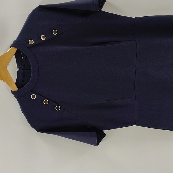 Ann Taylor Navy Zip Back Dress Midi Size 12 Button Detail Stretch - Picture 2 of 8